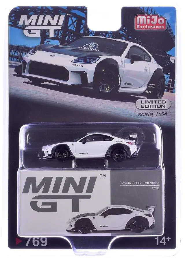 Alt view image 6 of 6 - Toyota GR86 "LB-Nation - Liberty Walk" White with Carbon Hood Limited Edition 1/64 Diecast Model Car by Mini GT