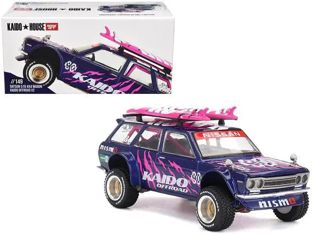 Main image of Datsun Kaido 510 Wagon 4x4 RHD #90 "Kaido Offroad V2" Purple w/Pink and Surfboards 1/64 Diecast Model Car by Mini GT