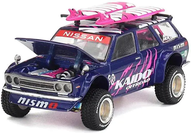 Alt view image 2 of 6 - Datsun Kaido 510 Wagon 4x4 RHD #90 "Kaido Offroad V2" Purple w/Pink and Surfboards 1/64 Diecast Model Car by Mini GT
