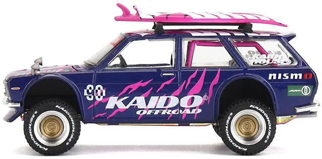 Alt view image 3 of 6 - Datsun Kaido 510 Wagon 4x4 RHD #90 "Kaido Offroad V2" Purple w/Pink and Surfboards 1/64 Diecast Model Car by Mini GT
