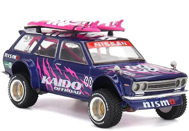 Alt view image 6 of 6 - Datsun Kaido 510 Wagon 4x4 RHD #90 "Kaido Offroad V2" Purple w/Pink and Surfboards 1/64 Diecast Model Car by Mini GT