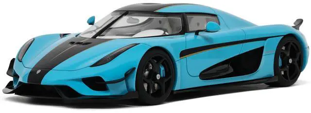 Main image of 2018 Koenigsegg Regera Baby Blue with Black Stripes and White Interior 1/18 Model Car by GT Spirit