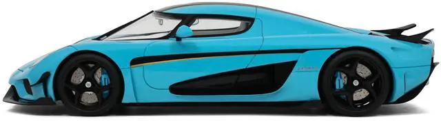 Alt view image 4 of 6 - 2018 Koenigsegg Regera Baby Blue with Black Stripes and White Interior 1/18 Model Car by GT Spirit