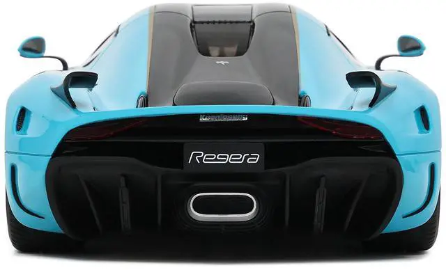 Alt view image 6 of 6 - 2018 Koenigsegg Regera Baby Blue with Black Stripes and White Interior 1/18 Model Car by GT Spirit