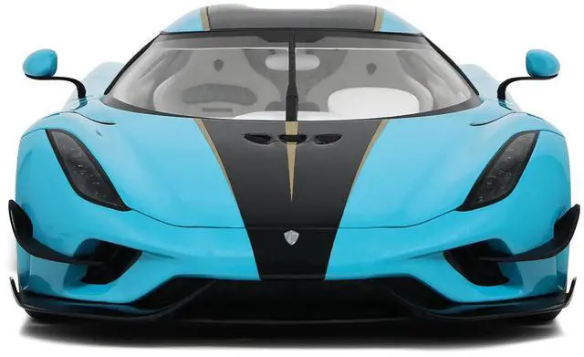Alt view image 5 of 6 - 2018 Koenigsegg Regera Baby Blue with Black Stripes and White Interior 1/18 Model Car by GT Spirit