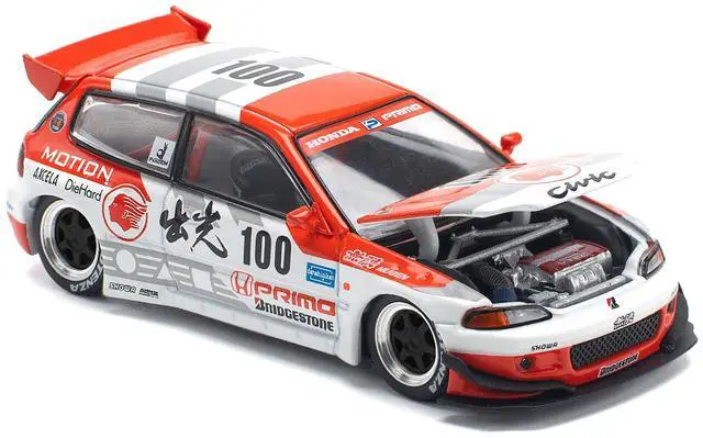 Alt view image 2 of 6 - Pandem Civic EG6 V1.5 RHD #100 "Idemitsu Motion Infinite" White and Red with Graphics 1/64 Diecast Model Car by Pop Race