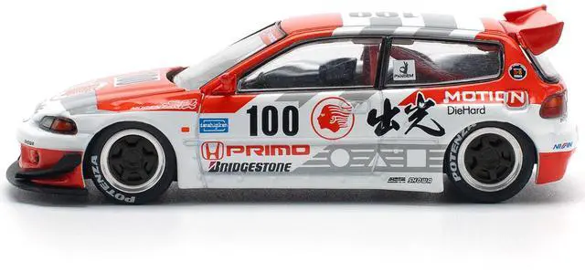 Alt view image 3 of 6 - Pandem Civic EG6 V1.5 RHD #100 "Idemitsu Motion Infinite" White and Red with Graphics 1/64 Diecast Model Car by Pop Race