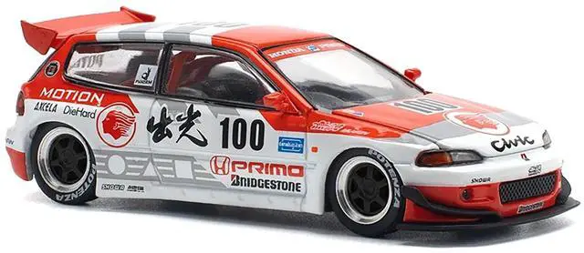 Alt view image 5 of 6 - Pandem Civic EG6 V1.5 RHD #100 "Idemitsu Motion Infinite" White and Red with Graphics 1/64 Diecast Model Car by Pop Race