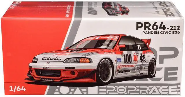 Alt view image 6 of 6 - Pandem Civic EG6 V1.5 RHD #100 "Idemitsu Motion Infinite" White and Red with Graphics 1/64 Diecast Model Car by Pop Race