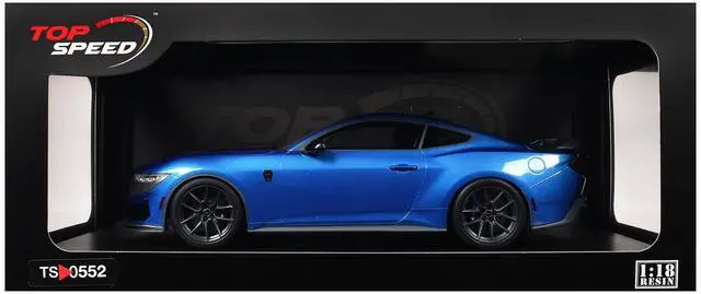 Alt view image 6 of 6 - 2024 Ford Mustang Dark Horse Grabber Blue Metallic with Black Hood Stripes 1/18 Model Car by Top Speed