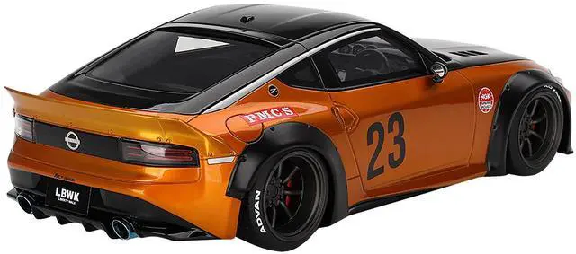 Alt view image 5 of 6 - Nissan Z RHD #23 "LB-NATION WORKS" Orange Metallic with Matt Black Hood and Black Top 1/18 Model Car by Top Speed