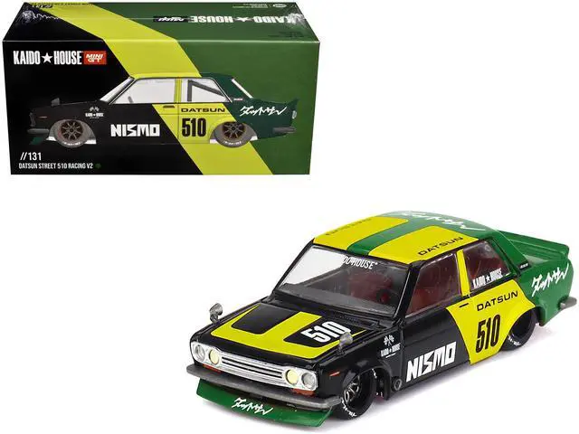 Main image of Datsun Street 510 "Racing V2" Black and Green with Yellow Accents "Kaido House" Special 1/64 Diecast Model Car by Mini GT