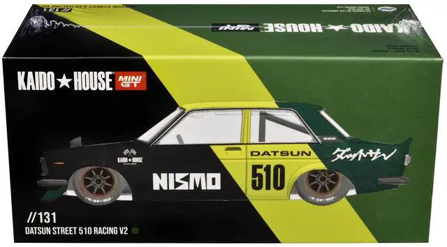 Alt view image 6 of 6 - Datsun Street 510 "Racing V2" Black and Green with Yellow Accents "Kaido House" Special 1/64 Diecast Model Car by Mini GT