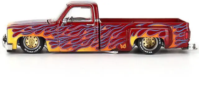 Alt view image 2 of 6 - Chevrolet Silverado Dually Pickup Truck "On Fire V1" Red Metallic with Flames and Red Interior 1/64 Diecast Model Car by Mini GT