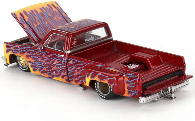 Alt view image 3 of 6 - Chevrolet Silverado Dually Pickup Truck "On Fire V1" Red Metallic with Flames and Red Interior 1/64 Diecast Model Car by Mini GT