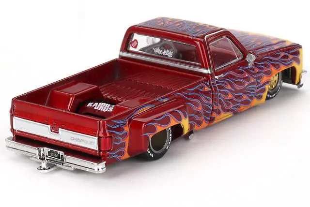Alt view image 4 of 6 - Chevrolet Silverado Dually Pickup Truck "On Fire V1" Red Metallic with Flames and Red Interior 1/64 Diecast Model Car by Mini GT