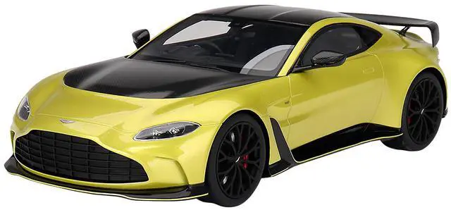 Main image of 2022 Aston Martin V12 Vantage RHD (Right Hand Drive) Cosmopolitan Yellow with Black Hood and Top model 1/18 Car by Top Speed