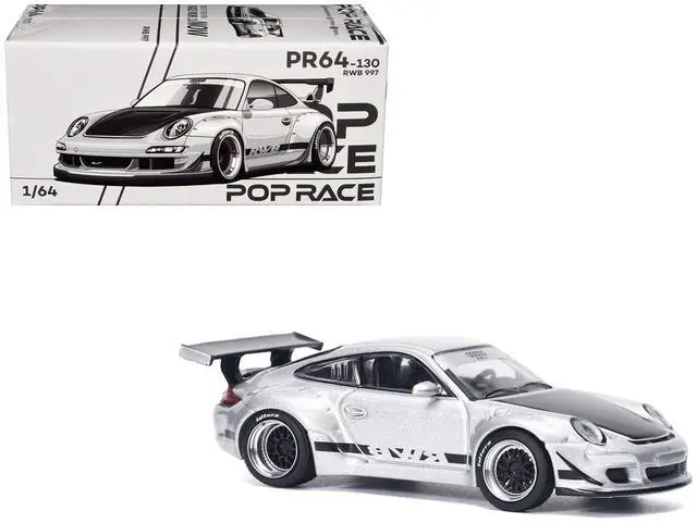 Main image of RWB 997 Silver Metallic with Black Stripes and Hood 1/64 Diecast Model Car by Pop Race