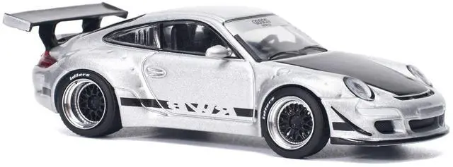 Alt view image 5 of 6 - RWB 997 Silver Metallic with Black Stripes and Hood 1/64 Diecast Model Car by Pop Race