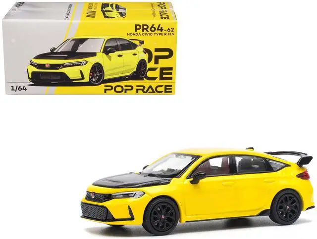 Main image of Honda Civic Type R FL5 Yellow with Carbon Hood 1/64 Diecast Model Car by Pop Race