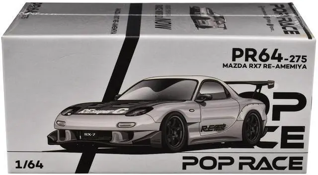 Alt view image 5 of 6 - SkylinMazda RX-7 RE-Amemiya RHD Silver Met. w/Carbon Hood "Japan Minicar a Gogo Exclusive" 1/64 Diecast Model Car by Pop Race