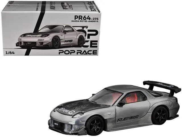Alt view image 6 of 6 - SkylinMazda RX-7 RE-Amemiya RHD Silver Met. w/Carbon Hood "Japan Minicar a Gogo Exclusive" 1/64 Diecast Model Car by Pop Race