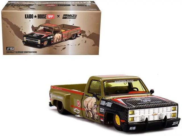 Main image of Chevrolet Silverado Dually Truck Tan and Carbon with Graphics "Kaido House" Special 1/64 Diecast Model Car by Mini GT