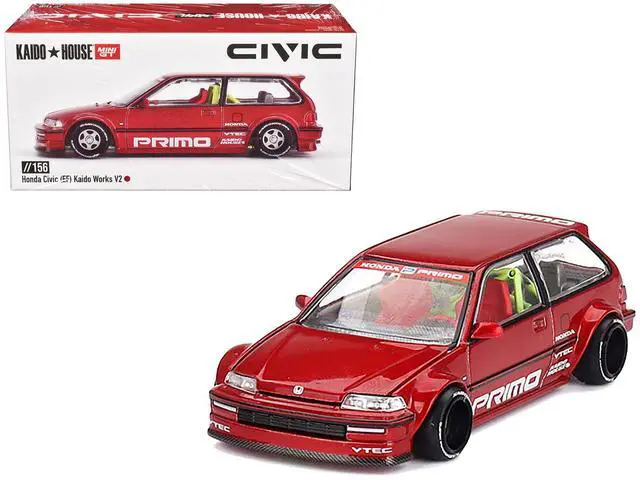 Main image of Honda Civic (EF) "Kaido Works V2" Red Metallic with Graphics "Kaido House" Special 1/64 Diecast Model Car by Mini GT