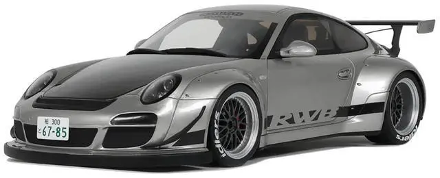 Main image of 2024 Porsche 911 RWB Abu Silver Metallic with Black Hood 1/18 Model Car by GT Spirit