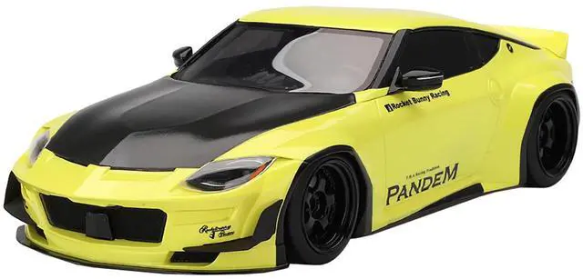 Main image of Nissan Z (RZ34) "Pandem" Ikazuchi Yellow with Matt Black Hood 1/18 Model Car by Top Speed