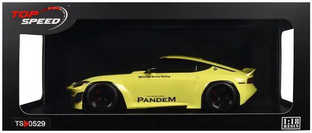 Alt view image 6 of 6 - Nissan Z (RZ34) "Pandem" Ikazuchi Yellow with Matt Black Hood 1/18 Model Car by Top Speed