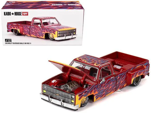 Alt view image 6 of 6 - Chevrolet Silverado Dually Pickup Truck "On Fire V1" Red Metallic with Flames and Red Interior 1/64 Diecast Model Car by Mini GT
