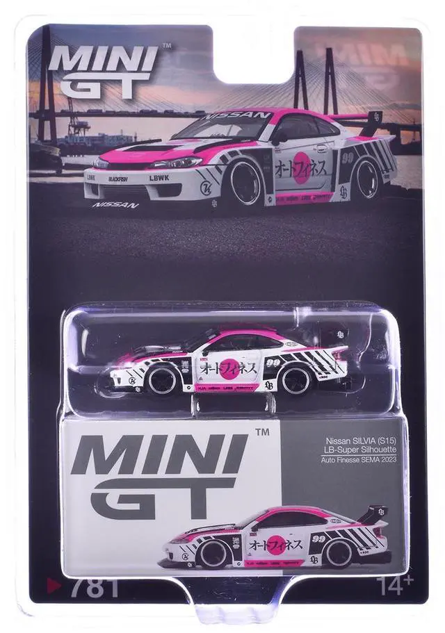 Alt view image 6 of 6 - Nissan "LB-Super Silhouette" S15 SILVIA RHD #99 "Auto Finesse - SEMA 2023" White & Pink Ltd Ed 1/64 Diecast Model Car by Mini GT