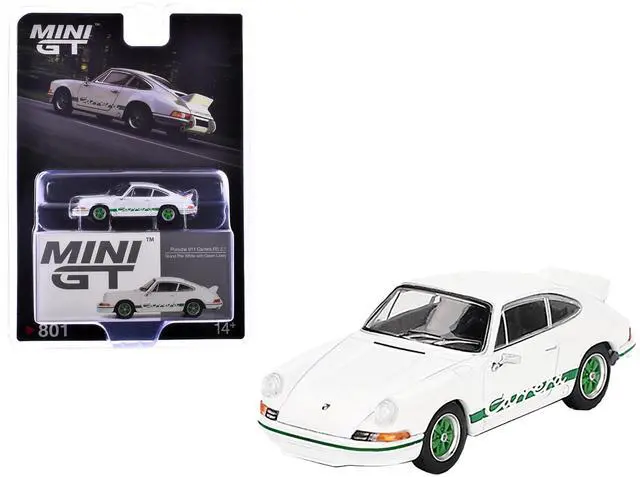 Main image of Porsche 911 Carrera RS 2.7 Grand Prix White with Green Stripes and Wheels Limited Edition 1/64 Diecast Model Car by Mini GT