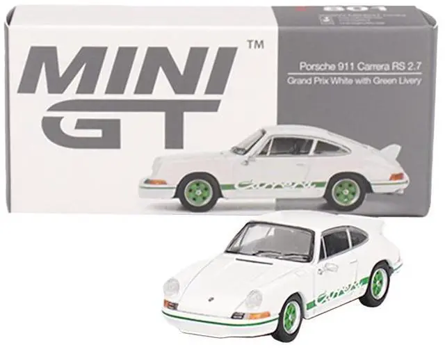 Alt view image 5 of 6 - Porsche 911 Carrera RS 2.7 Grand Prix White with Green Stripes and Wheels Limited Edition 1/64 Diecast Model Car by Mini GT