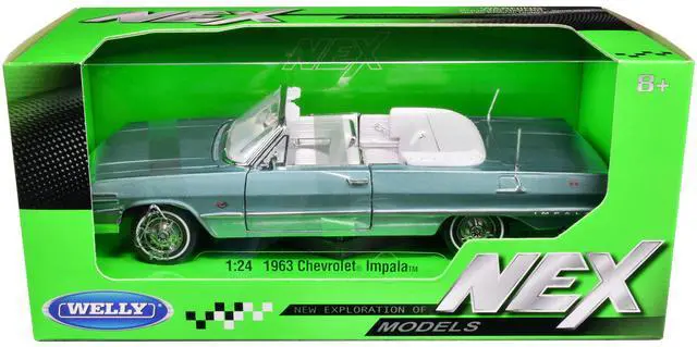 Main image of 1963 Chevrolet Impala Convertible Light Blue Metallic with White Interior "NEX Models" 1/24 Diecast Model Car by Welly