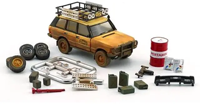 Alt view image 2 of 3 - Land/Range Rover Classic LSE "Camel Trophy" Yellow (Dirty Version) w/Rack and Accessories 1/64 Diecast Model Car by BM Creations