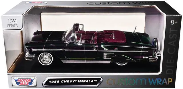 Main image of 1958 Chevrolet Impala Green and Purple Chrome "Custom Wrap" Series 1/24 Diecast Model by Motormax