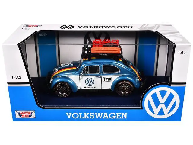 Alt view image 3 of 3 - 1966 Volkswagen Beetle Off Road #1718 Blue Met and White w/German Flag Stripes and  Accessories 1/24 Diecast Model by Motormax