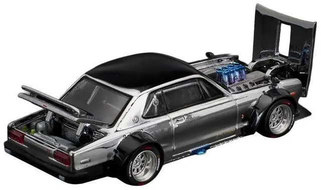Alt view image 3 of 3 - Skyline GT-R V8 Drift "Hakosuka" RHD (Right Hand Drive) Silver Chrome with Black Hood and Top 1/64 Diecast Model Car by Pop Race