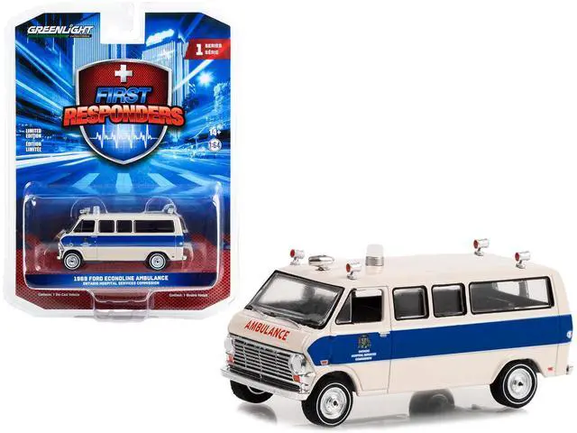 Main image of 1969 Ford Econoline Ambulance Beige w/Blue Stripes "Ontario Hospital Services Canada" 1/64 Diecast Model Car by Greenlight