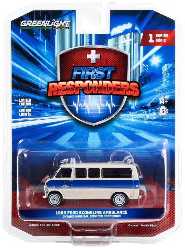 Alt view image 3 of 3 - 1969 Ford Econoline Ambulance Beige w/Blue Stripes "Ontario Hospital Services Canada" 1/64 Diecast Model Car by Greenlight