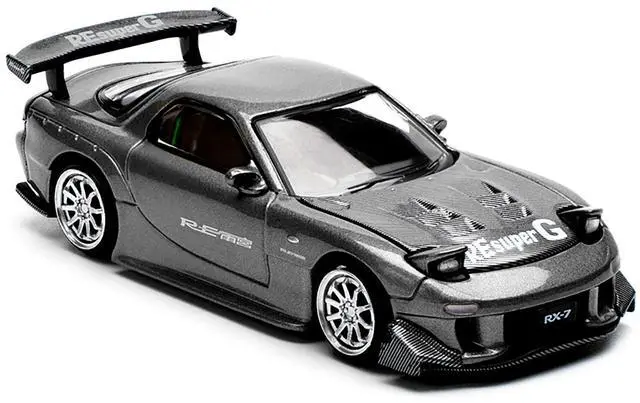 Alt view image 2 of 6 - Mazda RX7 (FD) "RE Amemiya" Widebody RHD Gunmetal Gray Metallic with Carbon Hood 1/64 Diecast Model Car by Pop Race