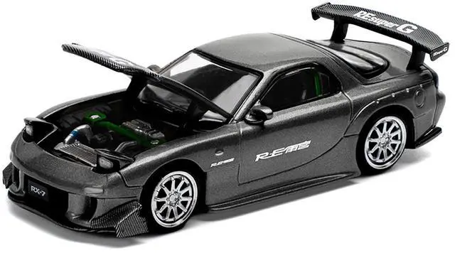 Alt view image 3 of 6 - Mazda RX7 (FD) "RE Amemiya" Widebody RHD Gunmetal Gray Metallic with Carbon Hood 1/64 Diecast Model Car by Pop Race