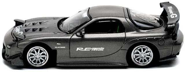 Alt view image 4 of 6 - Mazda RX7 (FD) "RE Amemiya" Widebody RHD Gunmetal Gray Metallic with Carbon Hood 1/64 Diecast Model Car by Pop Race