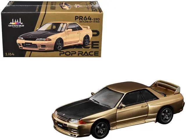 Skyline GT-R R32 RHD (Right Hand Drive) Chrome Gold with Carbon Hood "Tokyo Auto Salon 2025" 1/64 Diecast Model Car by Pop Race