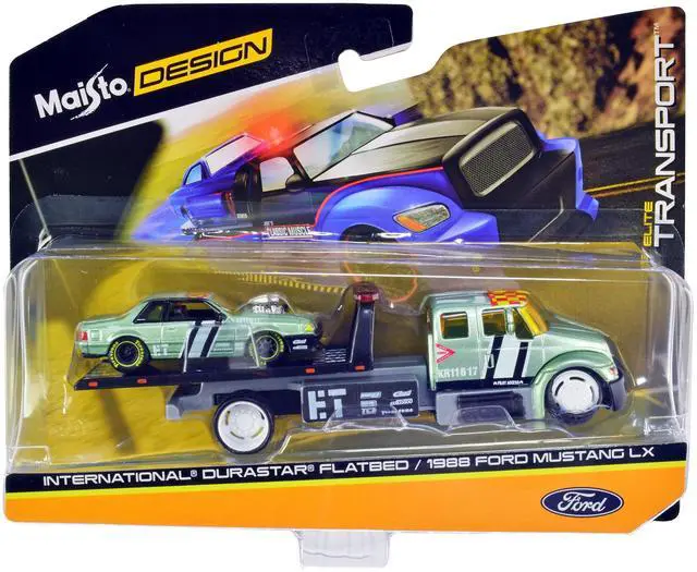 Alt view image 2 of 3 - International DuraStar Flatbed Truck & 1988 Ford Mustang LX Light Green Met. w/Stripes & Graphics 1/64 Diecast Models by Maisto