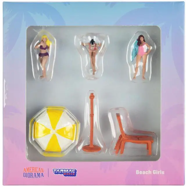 Alt view image 6 of 7 - "Beach Girls" 5 piece Diecast Figure Set (3 Female Figures and 2 Beach Accessories) for 1/64 Scale Models by Tarmac Works & American Diorama