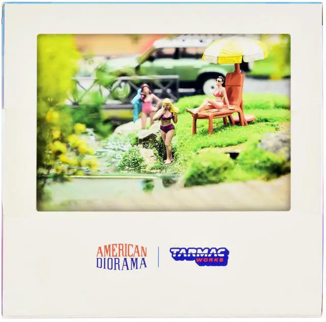 Alt view image 7 of 7 - "Beach Girls" 5 piece Diecast Figure Set (3 Female Figures and 2 Beach Accessories) for 1/64 Scale Models by Tarmac Works & American Diorama