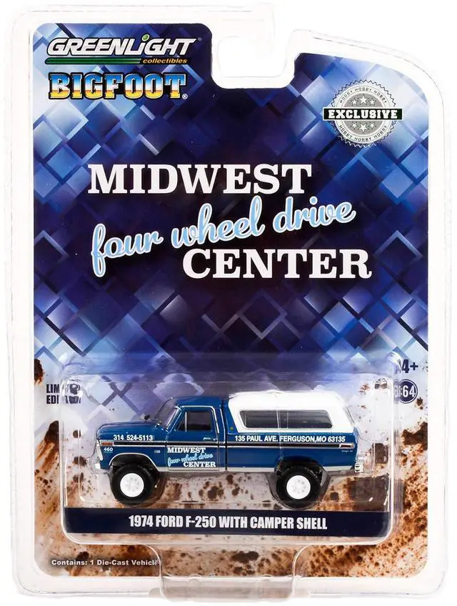 Alt view image 3 of 3 - 1974 Ford F-250 Truck w/Camper Shell Blue Met. w/Black Stripes "Bigfoot" 1/64 Diecast Model Car by Greenlight
